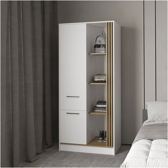 JERFIT Modern Wardrobe Closet Organizer with Double Doors, Shelves & Hanging Rod for Bedroom Storage, Multicolor