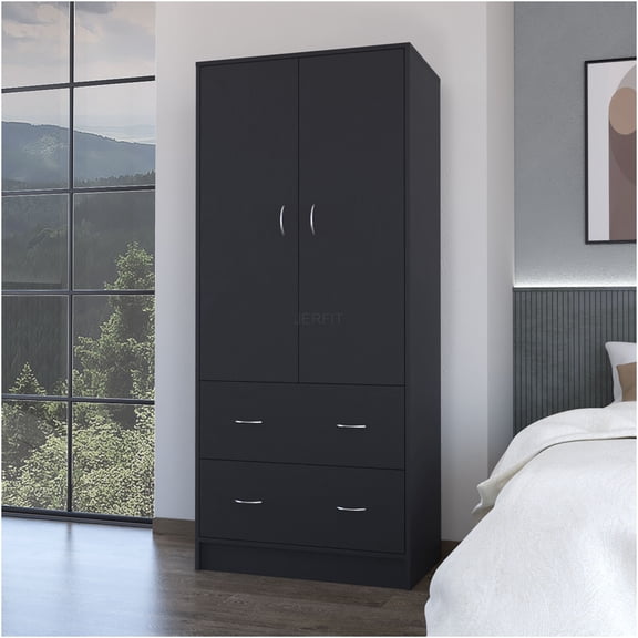 JERFIT Modern Wardrobe with 2 Doors & 2 Drawers, Freestanding Closet Organizer with Hanging Rod, Black Melamine Storage Cabinet for Bedroom