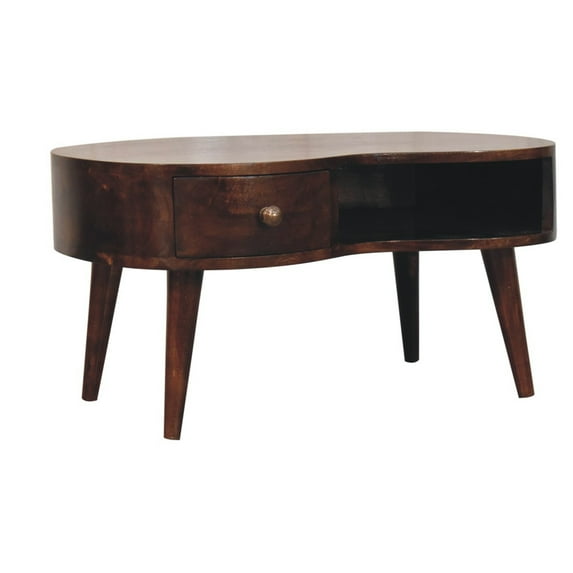 JERFIT Modern Wave Coffee Table, Solid Mango Wood Console Table with Drawer, California Walnut Finish Brown Nordic Center Table for Living Room