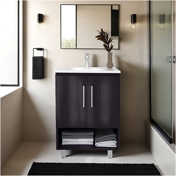 JERFIT Modern Wenge Bathroom Vanity Cabinet, Freestanding Storage with Double Doors for Bathroom Organization