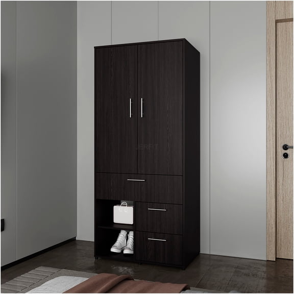 JERFIT Modern Wenge Freestanding Wardrobe Closet with Hanging Rod, 3 Drawers & Adjustable Shelves for Bedroom Storage Organization