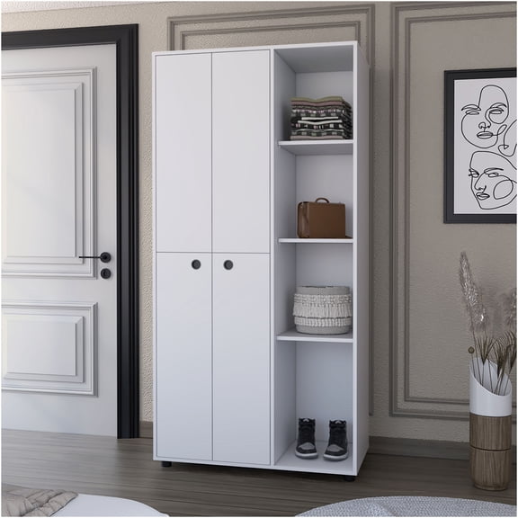 JERFIT Modern White Armoire Closet with Hanging Rods, Storage Cabinet & Drawer for Bedroom Organization