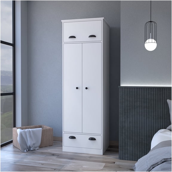 JERFIT Modern White Armoire with Hinged Drawer, Double Door Wardrobe Cabinet for Bedroom Storage Organizer