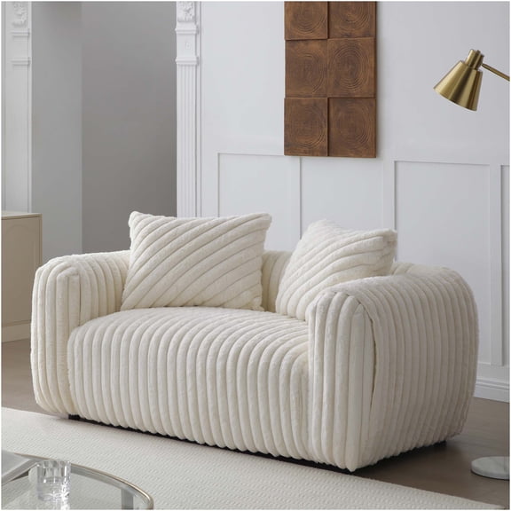 JERFIT Modern White Boucle Loveseat Sofa with Pillows, Upholstered Small Couch for Living Room, Apartment, Lounge