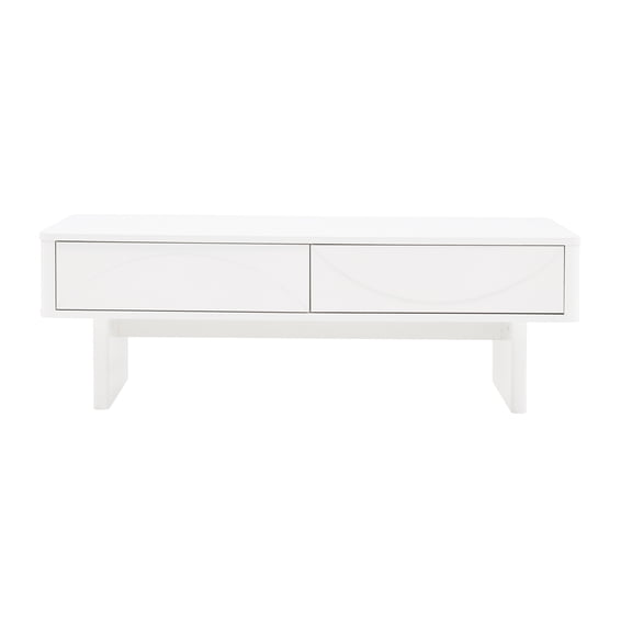 JERFIT Modern White Coffee Table with 2 Drawers & Shelf, Sled Base Design for Living Room