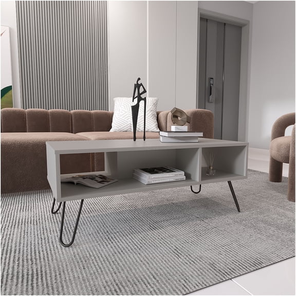 JERFIT Modern White Coffee Table with Hairpin Legs, 2-Tier Storage Shelves for Living Room, Sofa Table with Open Design, Particle Board Console Table