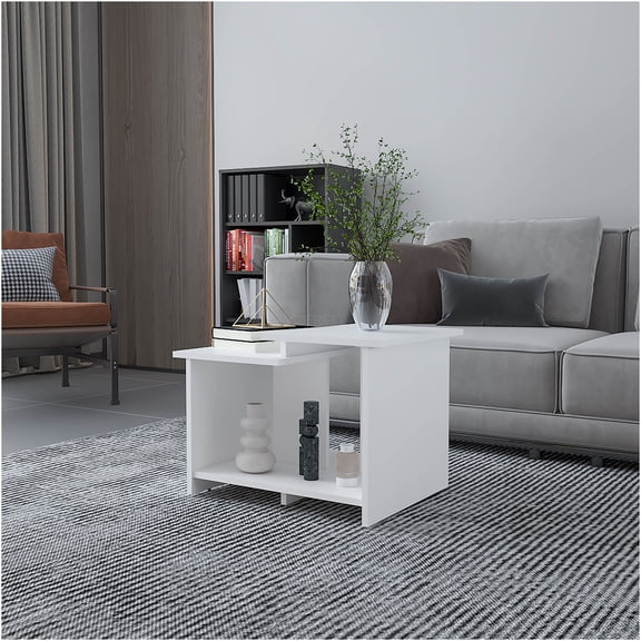 JERFIT Modern White Coffee Table with Open Shelf, Geometric Design for Living Room