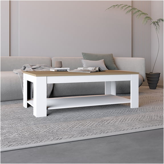JERFIT Modern Coffee Table with Storage Shelf, Multi-Tone White Oak Finish Engineered Wood Console Table for Living Room, Lounge