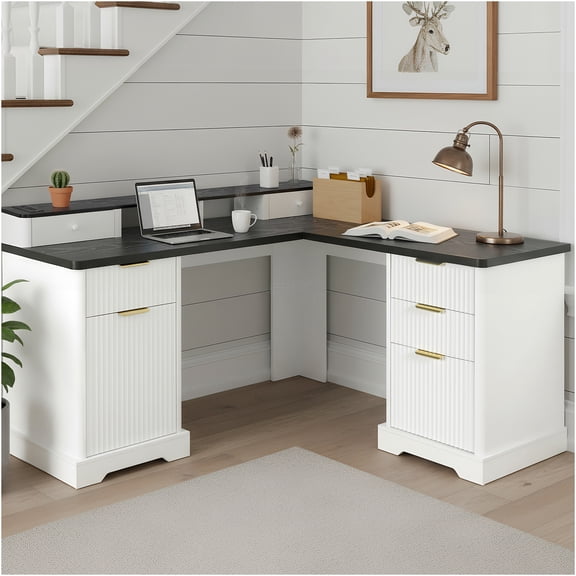 JERFIT Modern White Computer Desk with Drawer & Shelves, Study Writing Desk for Home Office, Gaming Desk, Sturdy MDF Workstation
