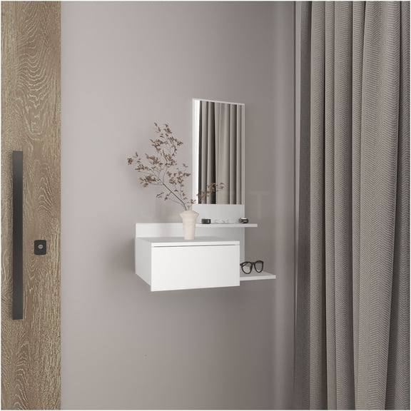 JERFIT Modern White Floating Console Table with Mirror, 3-Tier Open Shelf & Drawer, 23.6 Inch Entryway Sofa Table for Hallway, Bedroom