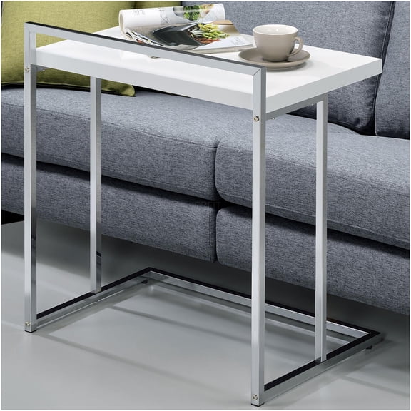 JERFIT Modern White High-Gloss Snack Table, Rectangular End Table with Chrome Metal Legs for Living Room, Bedroom, Dorm