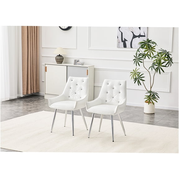 JERFIT Modern White PU Leather Accent Chair Set of 2, Crocodile Pattern and Diamond Tufted Back, Chrome Legs for Dining Room, Living Room, Office