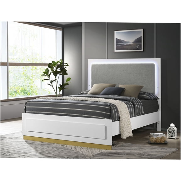 JERFIT Modern White Queen Bed Frame with LED Headboard Storage, Wood and Fabric Upholstered Platform Bed, Contemporary Style