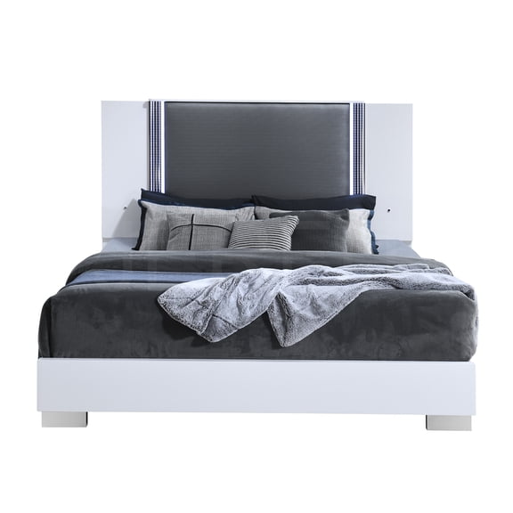 JERFIT Modern White Queen Size Bed with LED Lights, Solid Wood Frame and Marble Accent Panel, Storage Platform Bed with 4 Slats, No Box Spring Needed, for Contemporary Bedroom