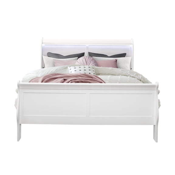 JERFIT Modern White Queen Size Sleigh Bed with LED Light, Solid Wood Frame, Platform Bed with Headboard
