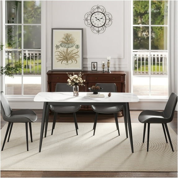 JERFIT Modern White Sintered Stone Dining Table with Black Metal Legs, Rectangular Kitchen Table for 6-8 Seating, Waterproof Scratch-Resistant Surface