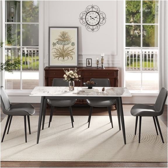JERFIT Modern White Sintered Stone Dining Table for 6 with Black Metal Legs, Waterproof Scratch Resistant Kitchen Table