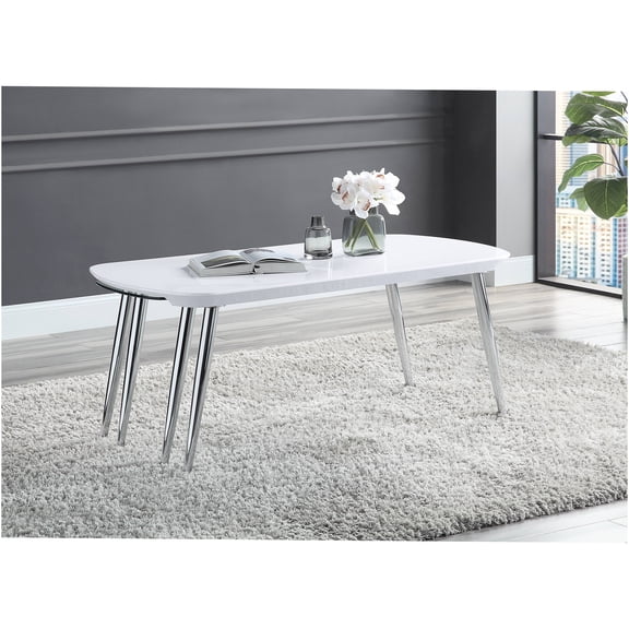 JERFIT Modern White and Chrome Coffee Table with Pull-Out Shelf, Tempered Glass Top, and High Gloss Finish for Living Room