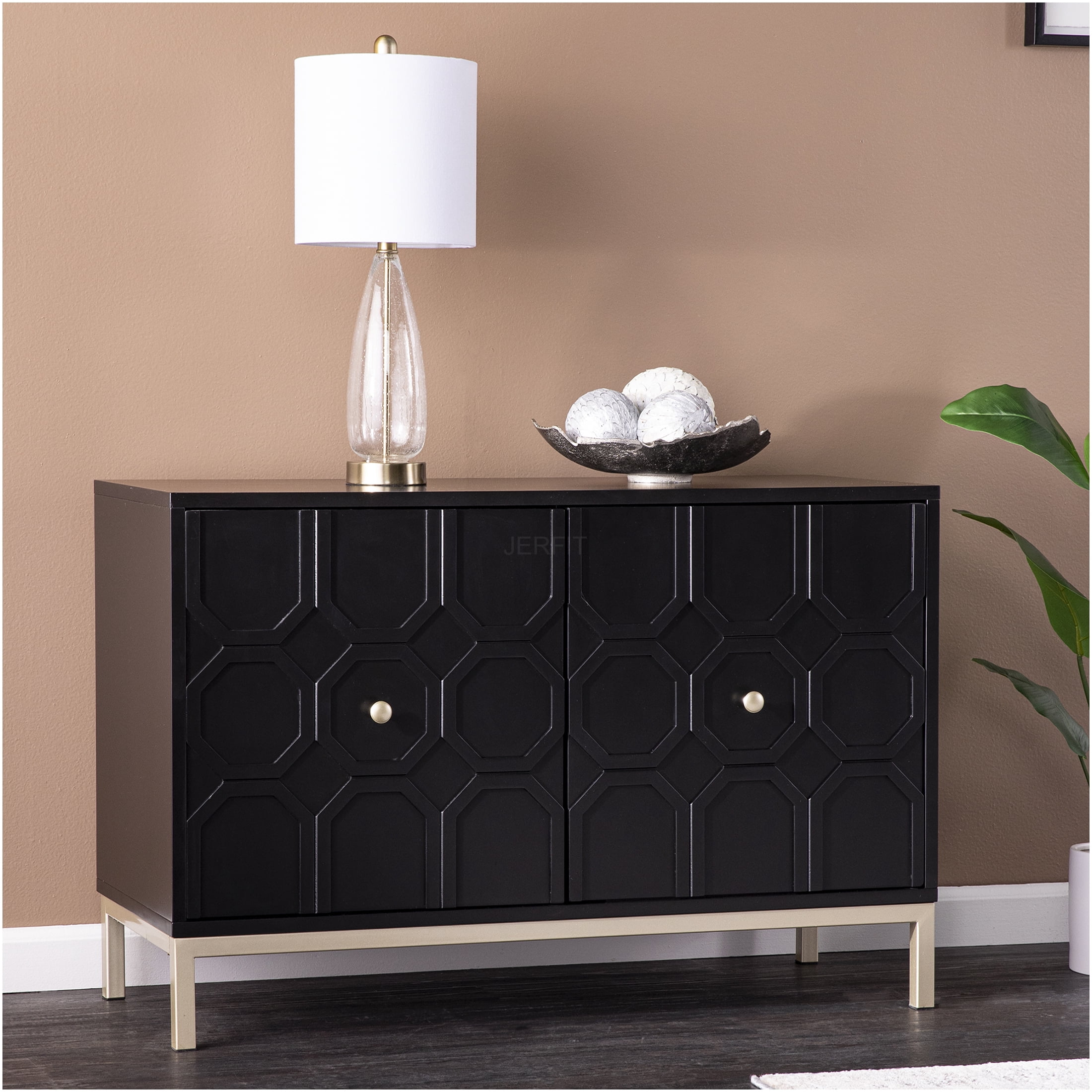 JERFIT Modern White and Gold Computer Desk with File Drawers, Home Office Writing Desk, MDF Executive Workstation for Study, Gaming, and Vanity