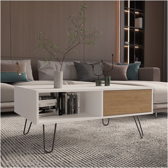 JERFIT Modern White and Oak Coffee Table with Drawer and Shelf, Engineered Wood Sofa Table, Living Room End Table with Storage