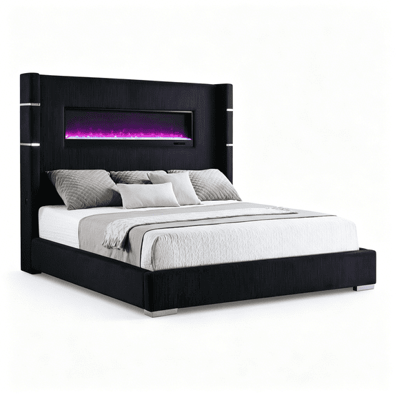 JERFIT Modern Wingback California King Bed with LED Flame Effect, Black Upholstered Fabric Headboard for Master Bedroom