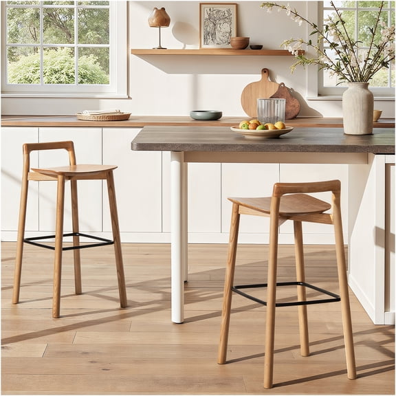 JERFIT Modern Wood Bar Stools, Brown Low Back Counter Height Stools for Kitchen Island, Set of 2
