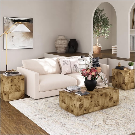 JERFIT Modern Wood Coffee Table and End Table Set, 3-Piece Burl Finish Nesting Tables for Living Room, No Assembly Required