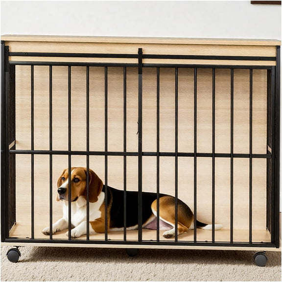 JERFIT Modern Wooden Dog Crate Furniture with Tray, Large Dog Kennel Cage End Table for Medium Large Dogs, Black & Natural MDF Iron Pet House
