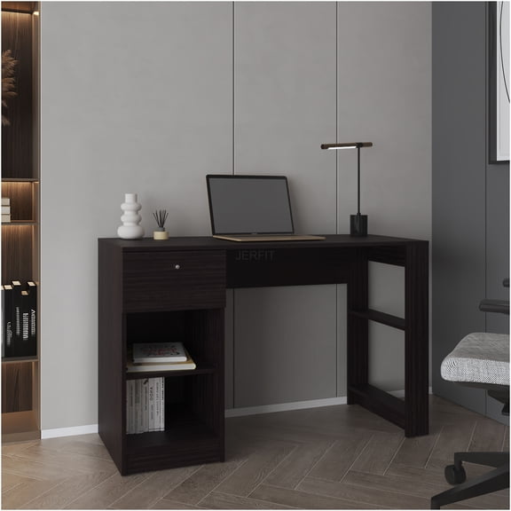 JERFIT Modern Writing Desk with 1 Drawer, Hand-Carved Fluted Legs & Shell Handle, Brown Walnut Finish Engineered Wood Computer Desk for Home Office
