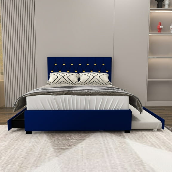 JERFIT Modern home style, double bed made of velvet in blue, with 2 storage drawers and wheels