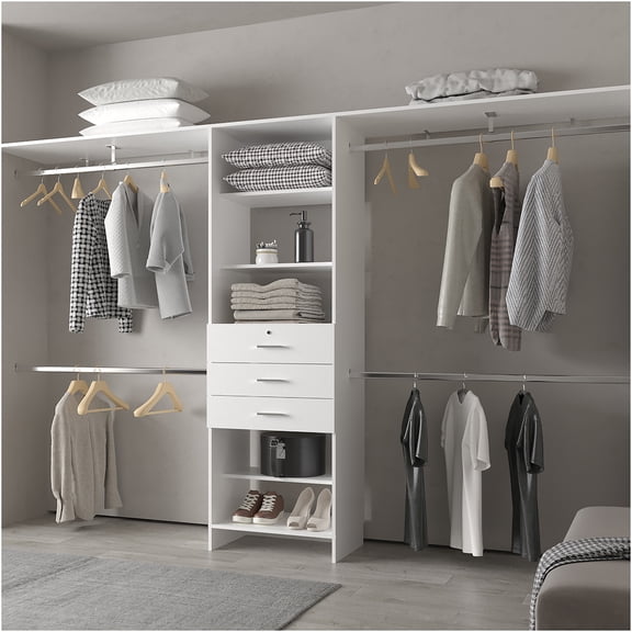 JERFIT Modular Closet Organizer System with Hanging Rods, Shelves & Drawers for Walk-In Closet, White Melamine Wardrobe Storage Organizer