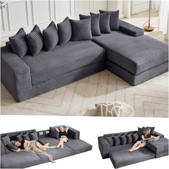 JERFIT Modular Cloud Couch Sectional Sofa Bed, Reversible L-Shape Sleeper with Storage & 8 Pillows, Dark Gray Corduroy, No Assembly Required