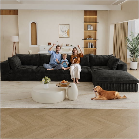 JERFIT Modular Cloud Couch Sectional Sofa with Feather Cushions, No Assembly Corduroy Fabric Deep Seating for Living Room, Apartment, Black