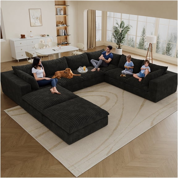 JERFIT Modular Cloud Sectional Sofa Couch with Feather Cushions, No Assembly Corduroy Fabric Deep Seat, 8-Seat Large L-Shaped Sofa for Living Room, Apartment, Black