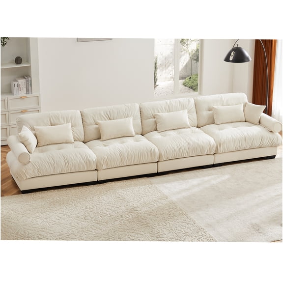 JERFIT Modular Cloud Sectional Sofa with Ottoman, L-Shaped Convertible Velvet Couch, Deep Seating with Pillows for Living Room, Cream