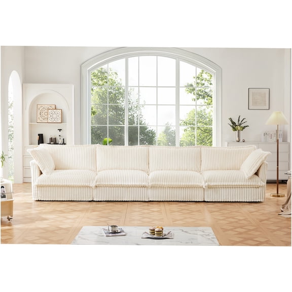 JERFIT Modular Cloud Sofa 4-Seater with Removable Corduroy Cover, Extra Deep Cushioned Couch for Living Room, Cream