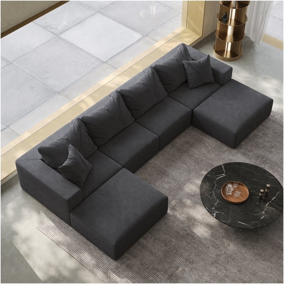 JERFIT Modular Cloud Sofa Set, Large L-Shaped Chenille Sectional Couch with 6 Pillows, Upholstered Foam Furniture for Living Room, Grey