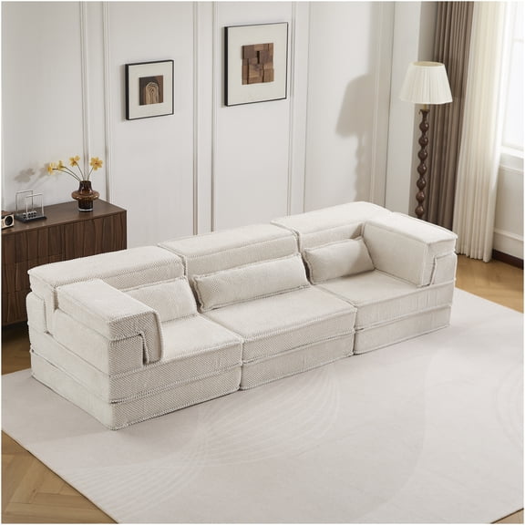 JERFIT Modular Floor Sofa Bed, 3-Piece Convertible Sectional with Pillows, Memory Foam, Soft Fleece Fabric, No Assembly Required, for Living Room, Apartment, White