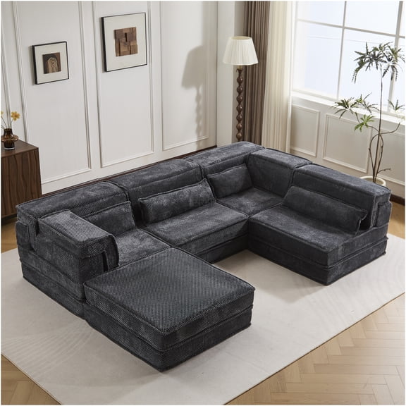 JERFIT Modular Floor Sofa Bed, 4-Piece Convertible Sectional with Ottoman, Memory Foam, Dark Grey Fleece Fabric, No Assembly Required