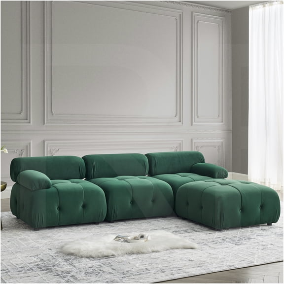 JERFIT Modular Sectional Sofa with Ottoman, Dark Green Velvet L-Shaped Couch, Reversible Chaise, Button Tufted, DIY Configurable Living Room Furniture