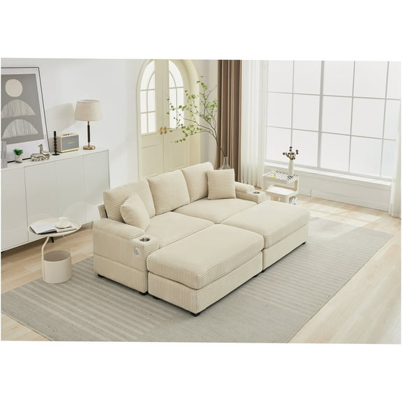 JERFIT Modular Sectional Sofa with Storage Armrest, USB Charger, Cup Holders, Convertible Design, Beige Corduroy Upholstery for Living Room, Apartment