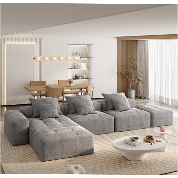 JERFIT Modular Sectional Sofa with 6 Pillows, No Assembly Required, DIY Oversized Chenille Fabric Couch, Modern L-Shaped Sofa for Living Room, Grey