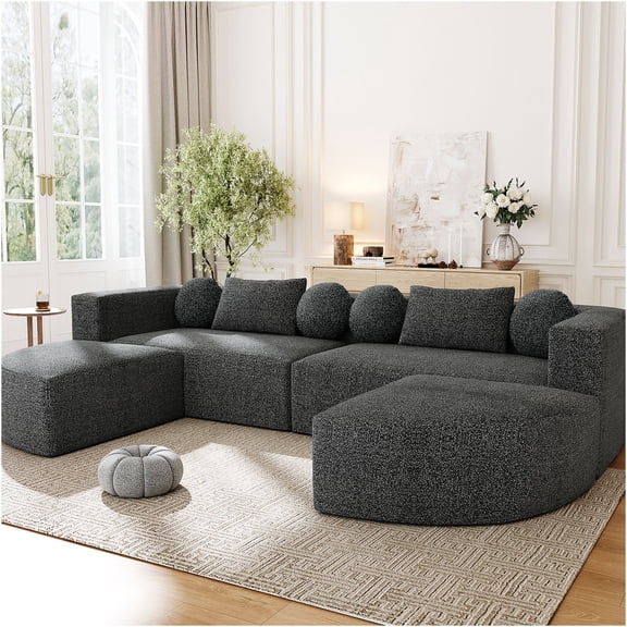 JERFIT Modular Sectional Sofa with Curved Design, Reversible Chaise, Plush Boucle Fabric, Customizable Layout for Living Room, Black
