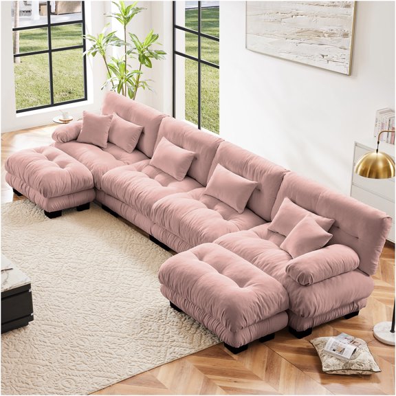 JERFIT Modular Sectional Sofa with Ottomans, U-Shaped 4-Seater Chenille Fabric Couch for Living Room, Plush Cloud Sofa Set in Pink