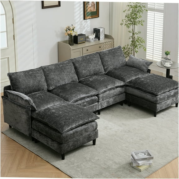 JERFIT Modular Sectional Sofa with Ottomans, U-Shaped 6 Seater Convertible Cloud Couch, Chenille Fabric, Dark Gray for Living Room and Apartment