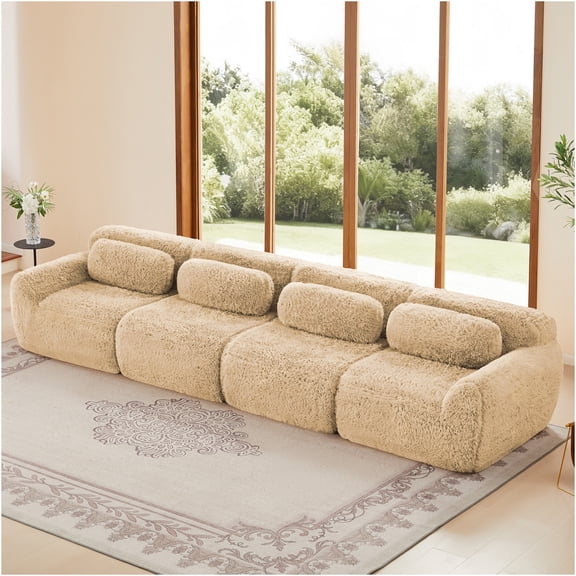 JERFIT Modular Sofa, 4-Seat Plush Sectional Couch with Storage Pillows, Light Khaki, No Assembly Required, Vacuum Packed
