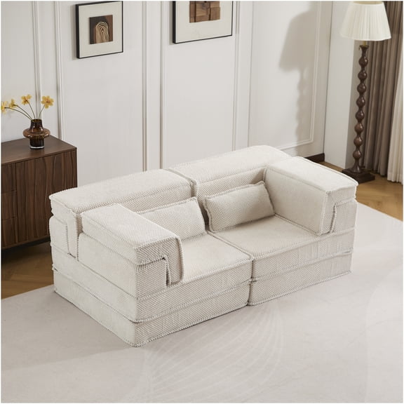 JERFIT Modular Sofa Bed, 3-Seater Convertible Floor Couch with Memory Foam, Boneless Mahjong Chair, Pet Friendly Fleece Fabric, No Assembly Required, for Small Space, White