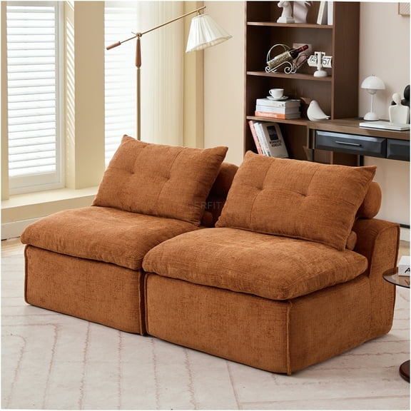 JERFIT Modular Sofa Sectional, 2-Seater Chenille Fabric Couch with Pillows, DIY Modern Armless Living Room Seating for Small Spaces, Orange