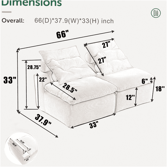 JERFIT Modular Sofa Sectional with Pillows, 2-Seater No Armrest Lounge Chair, DIY Corduroy Fabric Couch for Living Room, Apartment, Reading Nook, Black