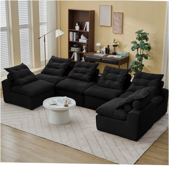 JERFIT Modular Sofa Sectional Set, 6-Piece Corduroy Fabric Couch with Pillows, DIY Configurable Armless Seating for Living Room, Apartment, Black